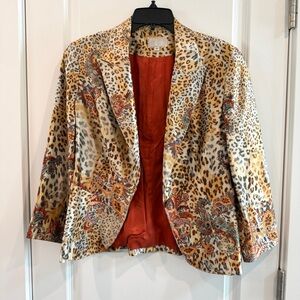 Vintage Alberto Makali 100% Silk Blazer Jacket With Leopard & Floral Print sz 12